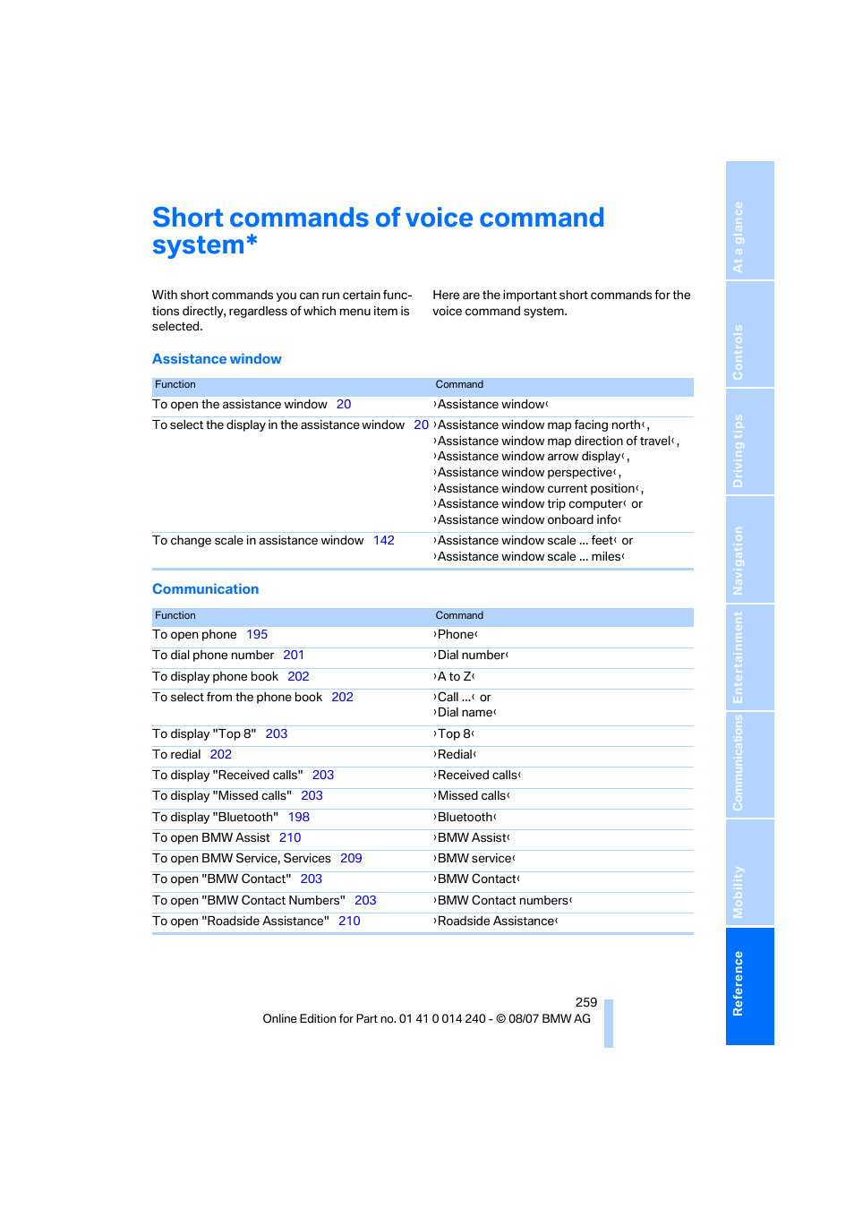 Short commands of voice command system | BMW 550i Sedan 2008 User Manual | Page 261 / 288