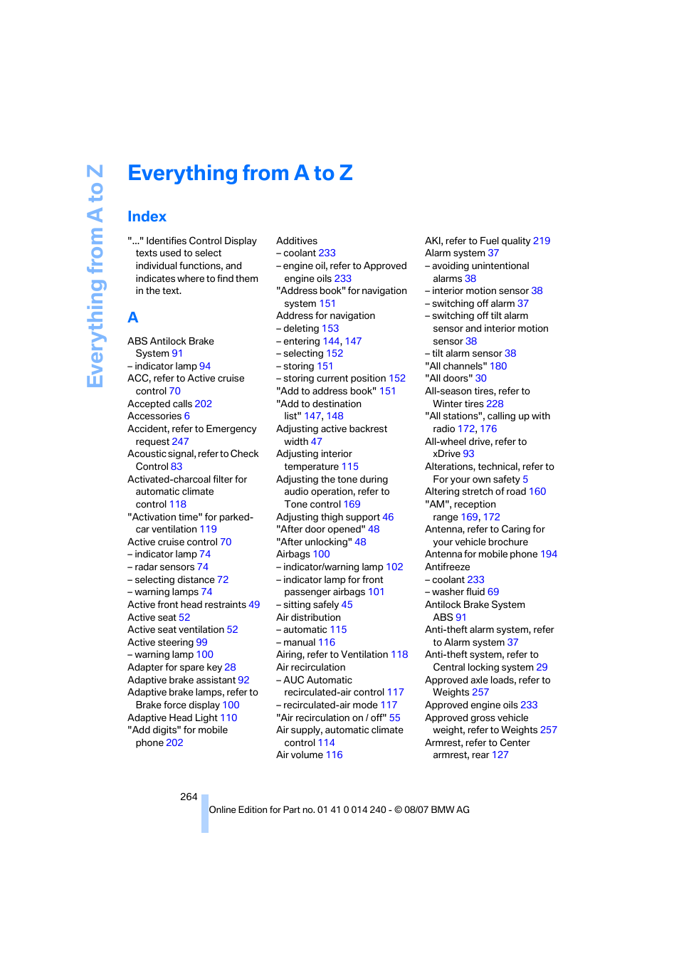 Everything from a to z, Index | BMW 550i Sedan 2008 User Manual | Page 266 / 288