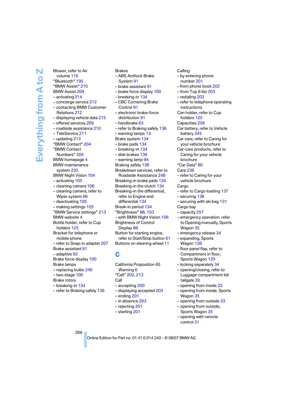 Everything from a to z | BMW 550i Sedan 2008 User Manual | Page 268 / 288