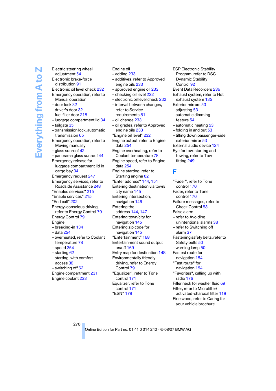 Everything from a to z | BMW 550i Sedan 2008 User Manual | Page 272 / 288