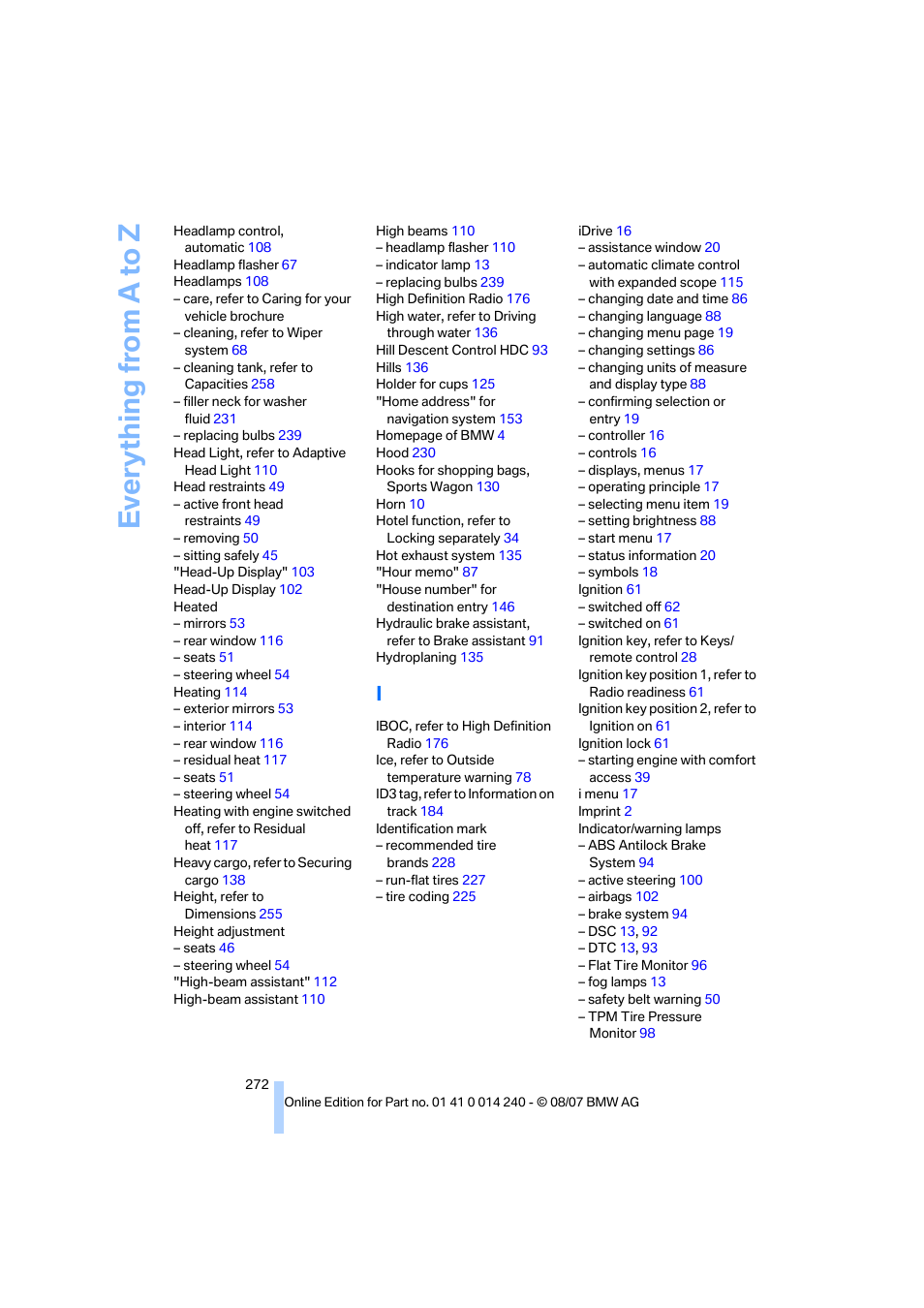 Everything from a to z | BMW 550i Sedan 2008 User Manual | Page 274 / 288