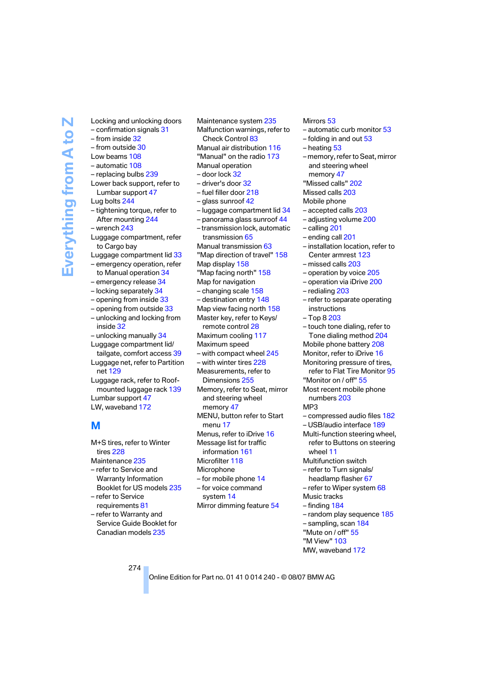 Everything from a to z | BMW 550i Sedan 2008 User Manual | Page 276 / 288