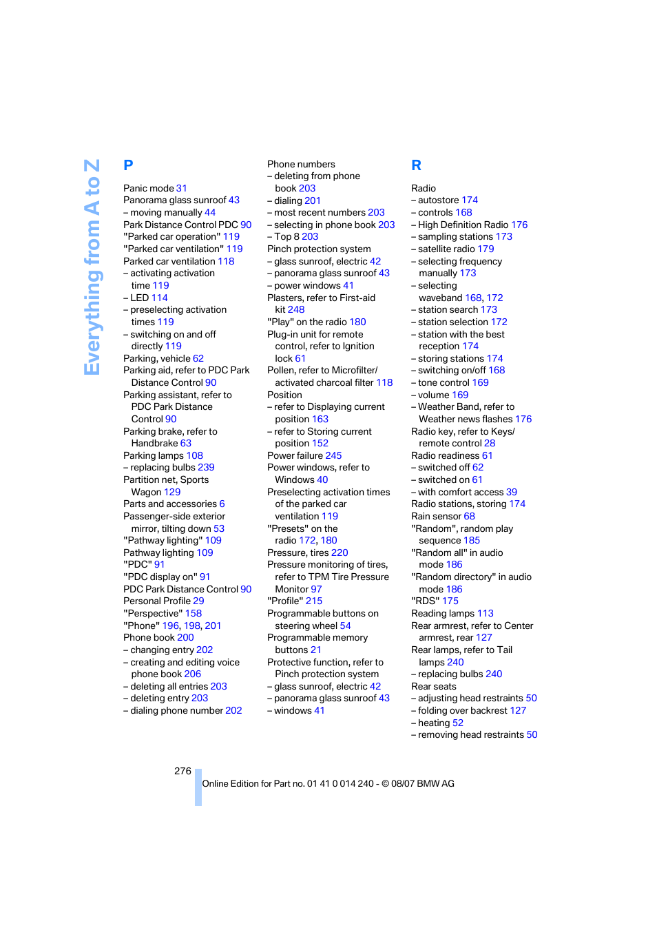 Everything from a to z | BMW 550i Sedan 2008 User Manual | Page 278 / 288