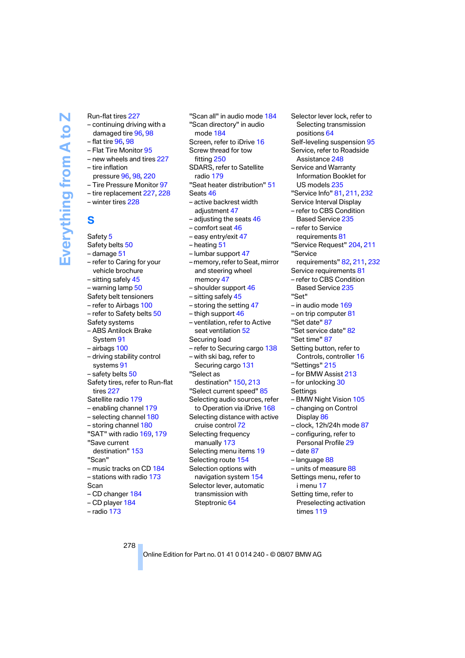 Everything from a to z | BMW 550i Sedan 2008 User Manual | Page 280 / 288