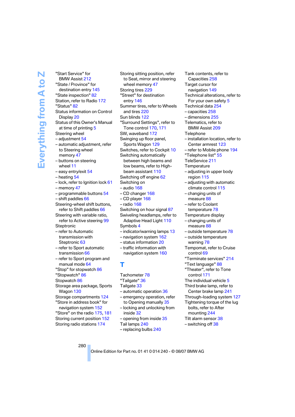 Everything from a to z | BMW 550i Sedan 2008 User Manual | Page 282 / 288