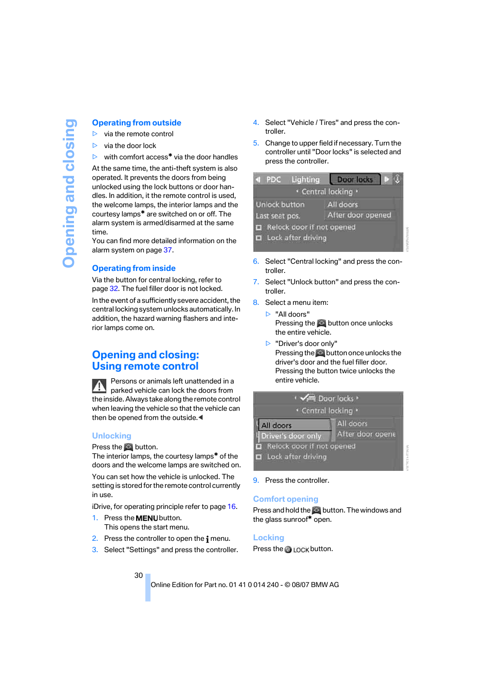 Opening and closing: using remote control, Opening and closing | BMW 550i Sedan 2008 User Manual | Page 32 / 288