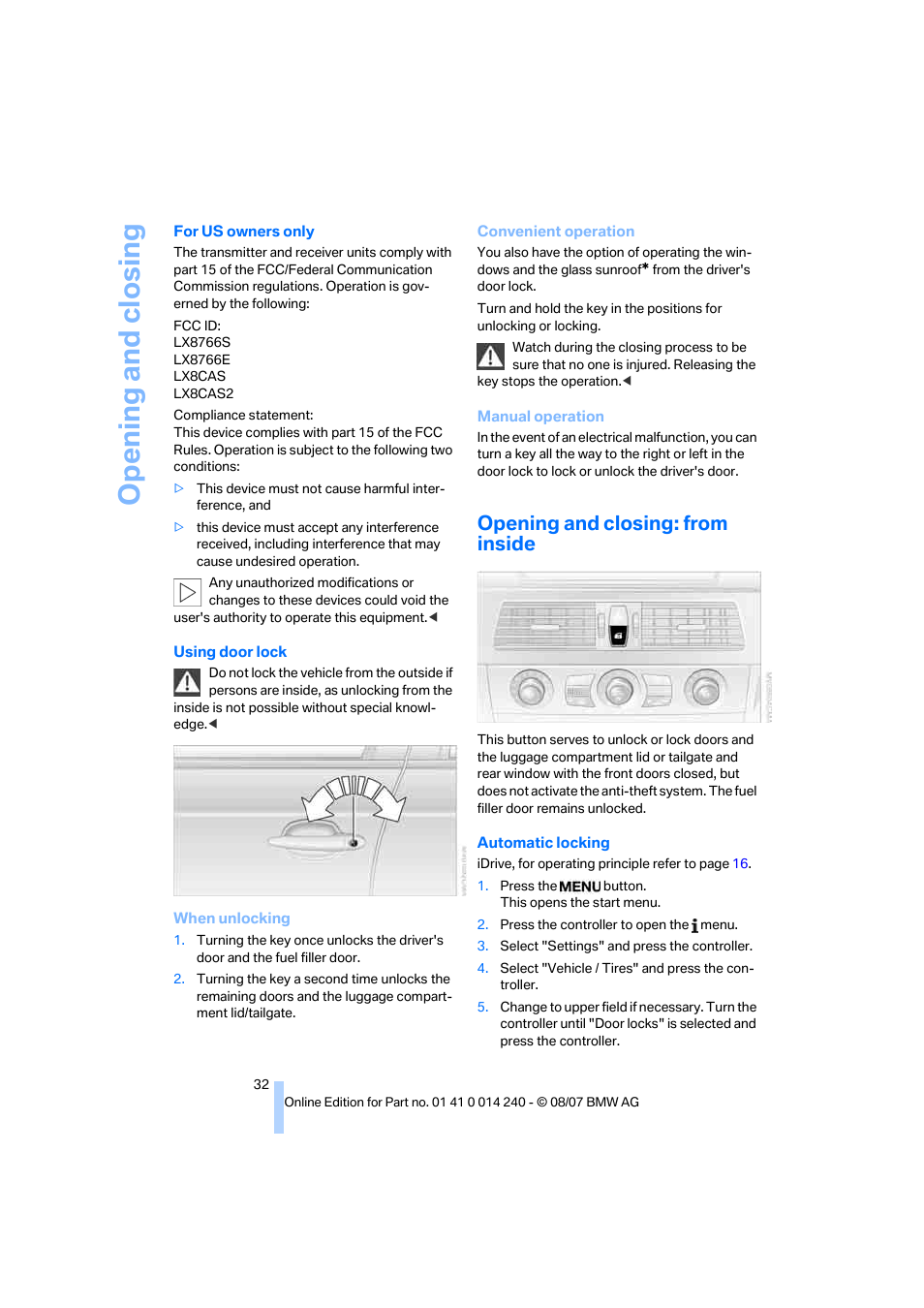Opening and closing: from inside, Opening and closing | BMW 550i Sedan 2008 User Manual | Page 34 / 288