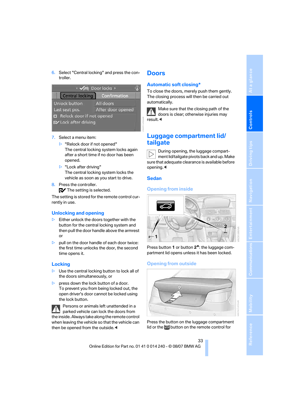 Doors, Luggage compartment lid/ tailgate, Gate | BMW 550i Sedan 2008 User Manual | Page 35 / 288