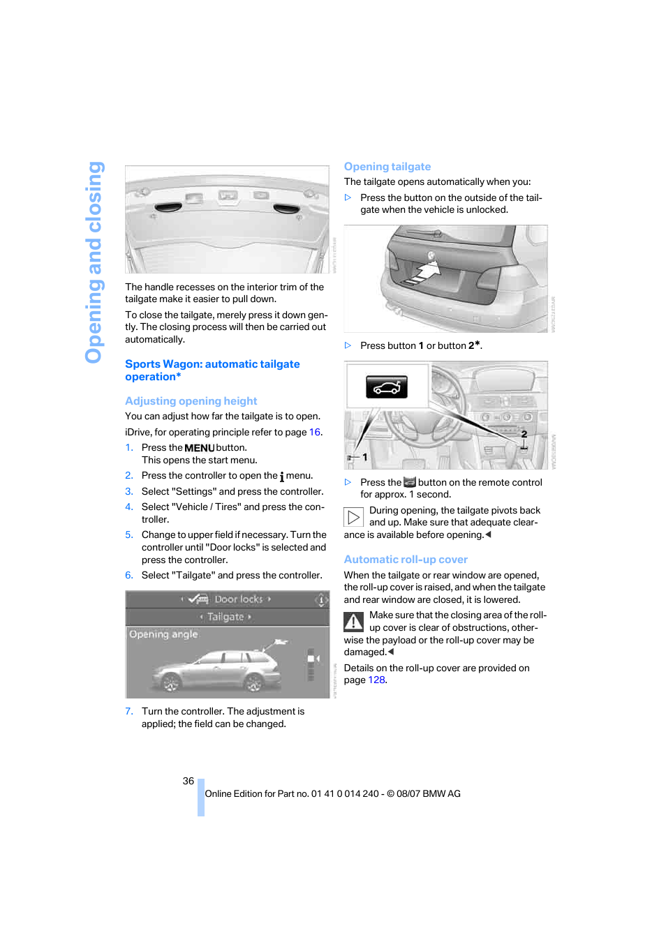 Opening and closing | BMW 550i Sedan 2008 User Manual | Page 38 / 288