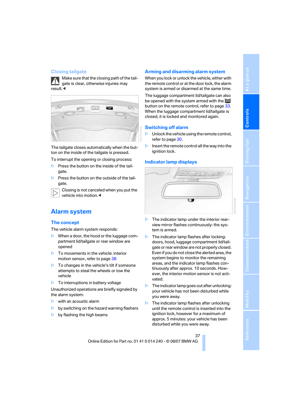 Alarm system | BMW 550i Sedan 2008 User Manual | Page 39 / 288