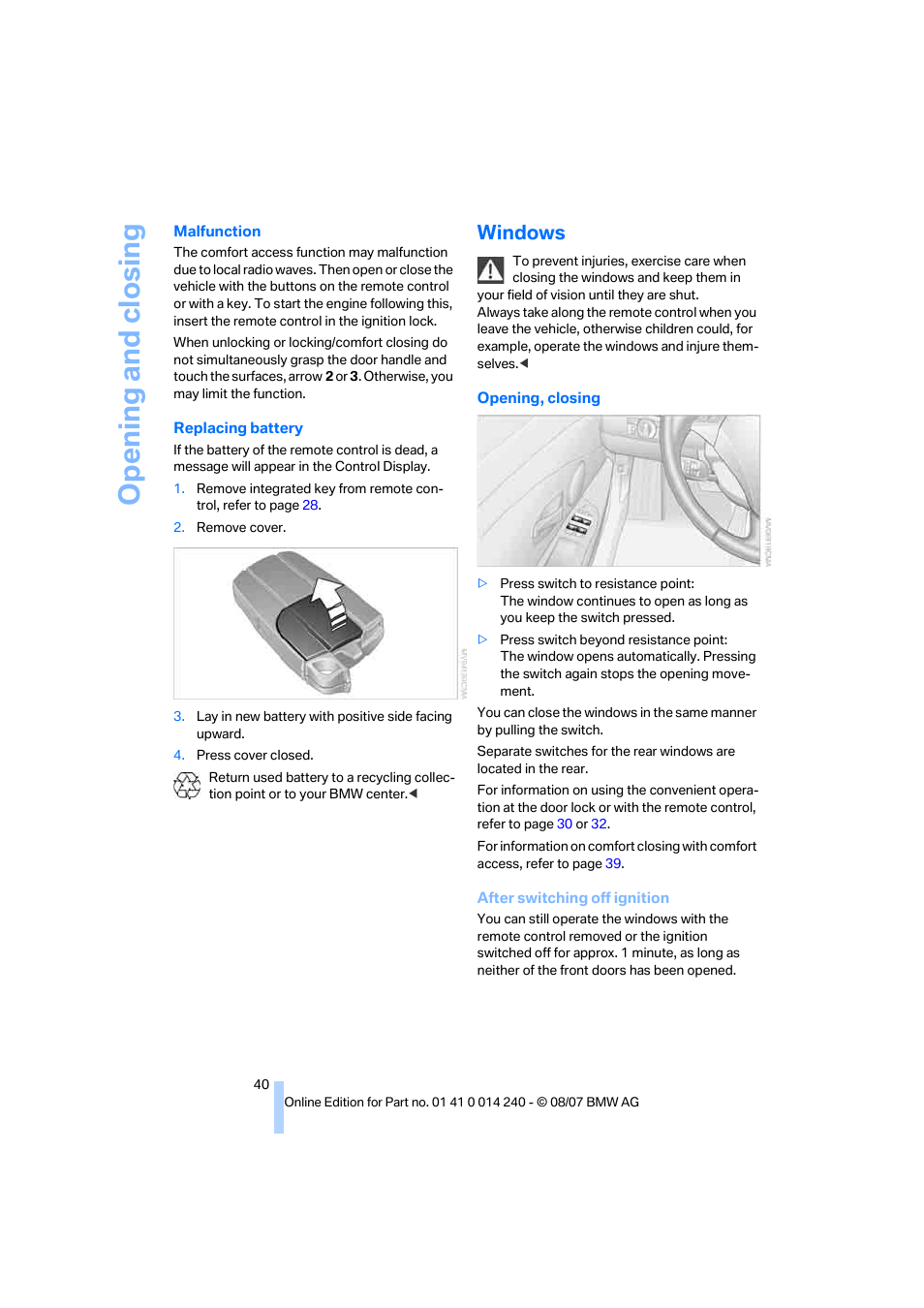 Windows, Opening and closing | BMW 550i Sedan 2008 User Manual | Page 42 / 288