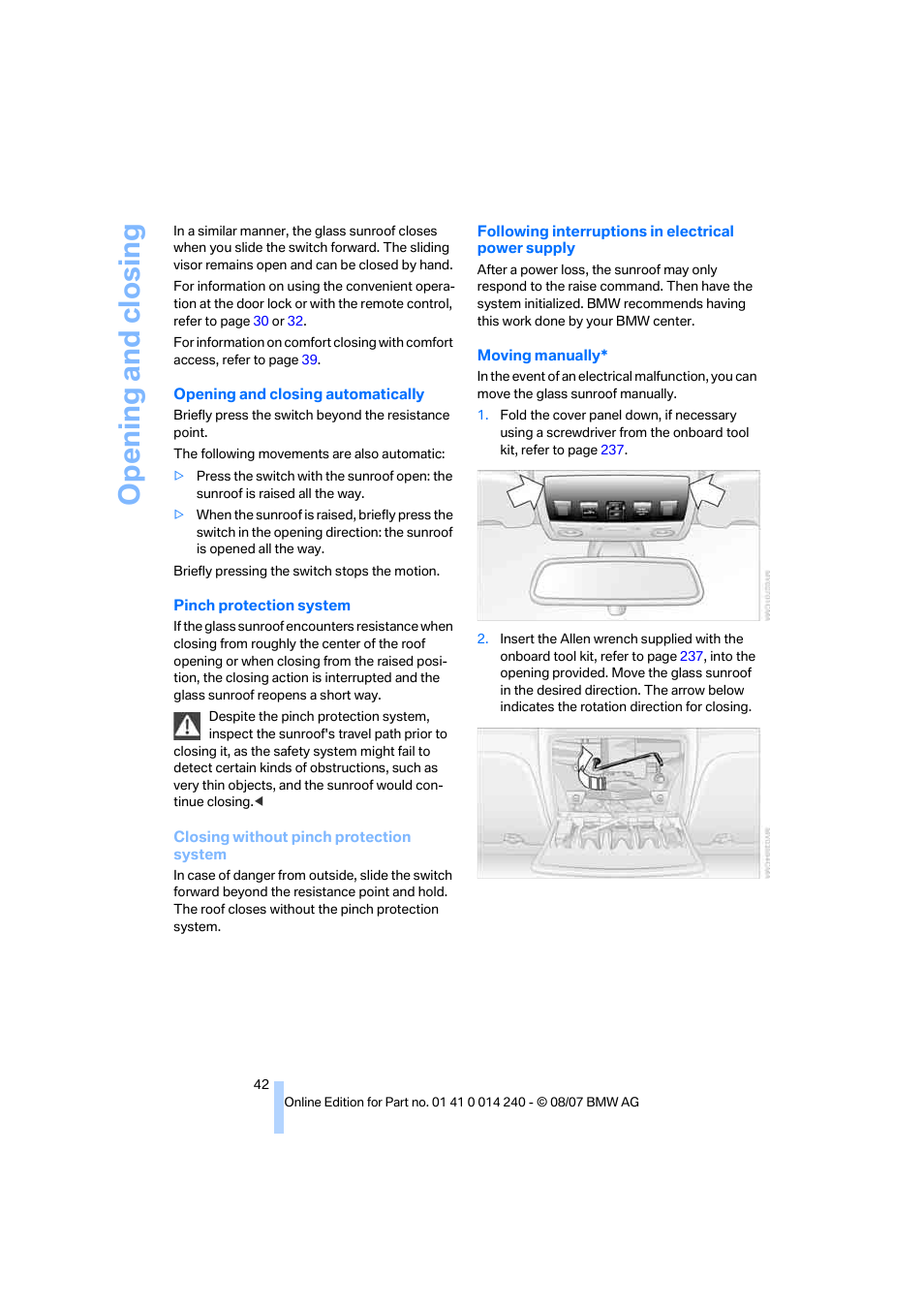 Opening and closing | BMW 550i Sedan 2008 User Manual | Page 44 / 288