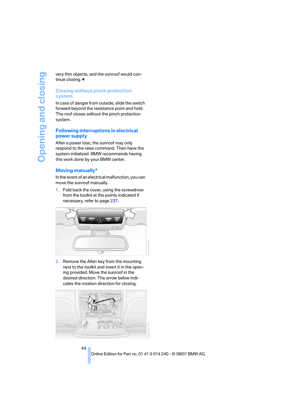 Opening and closing | BMW 550i Sedan 2008 User Manual | Page 46 / 288