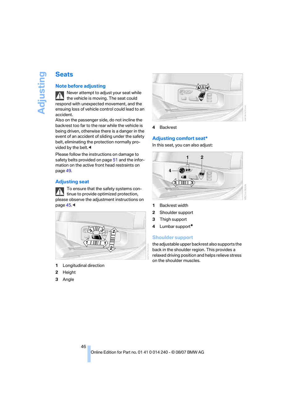 Seats, Adju sting | BMW 550i Sedan 2008 User Manual | Page 48 / 288