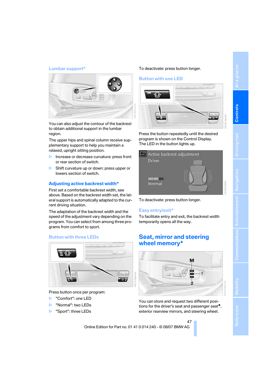 Seat, mirror and steering wheel memory | BMW 550i Sedan 2008 User Manual | Page 49 / 288