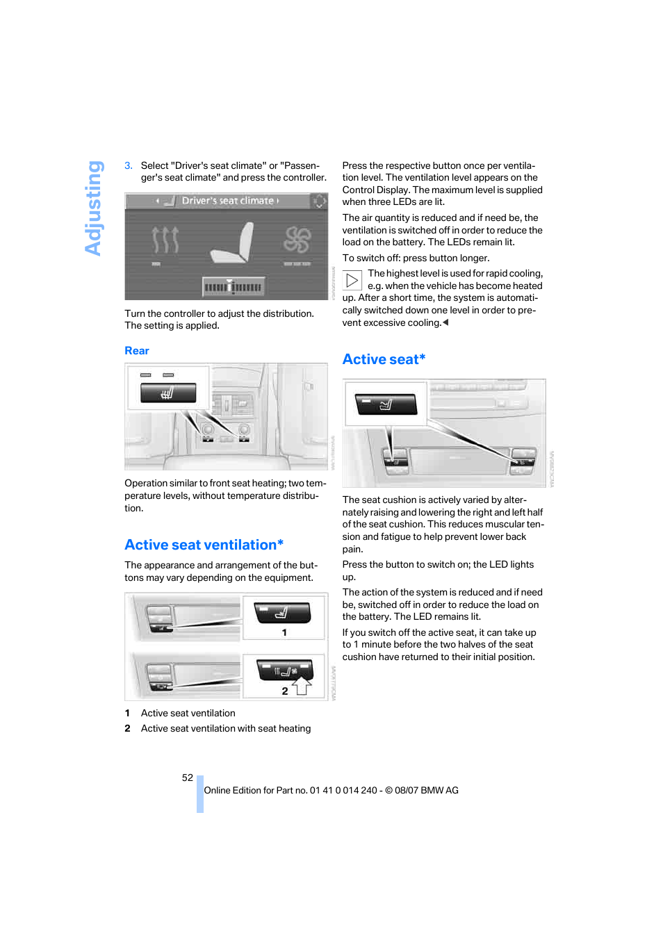 Active seat ventilation, Active seat, Adju sting | BMW 550i Sedan 2008 User Manual | Page 54 / 288