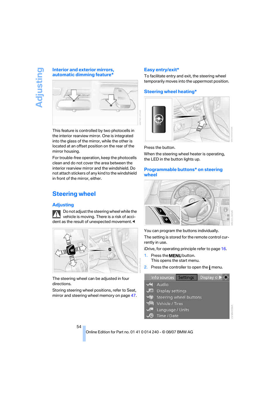 Steering wheel, Adju sting | BMW 550i Sedan 2008 User Manual | Page 56 / 288