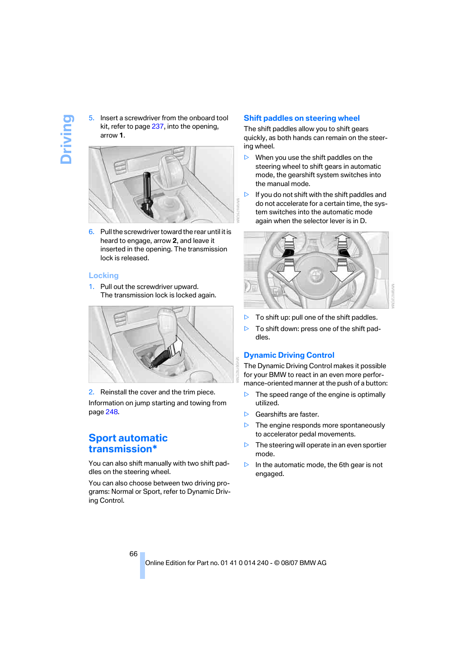 Sport automatic transmission, Driving | BMW 550i Sedan 2008 User Manual | Page 68 / 288