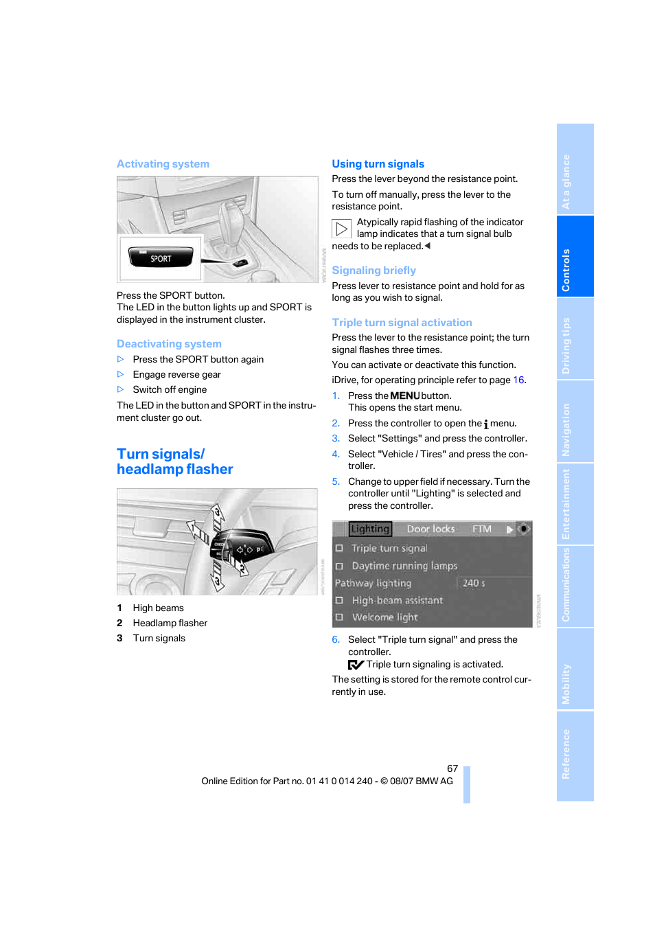 Turn signals/ headlamp flasher, Gnals | BMW 550i Sedan 2008 User Manual | Page 69 / 288