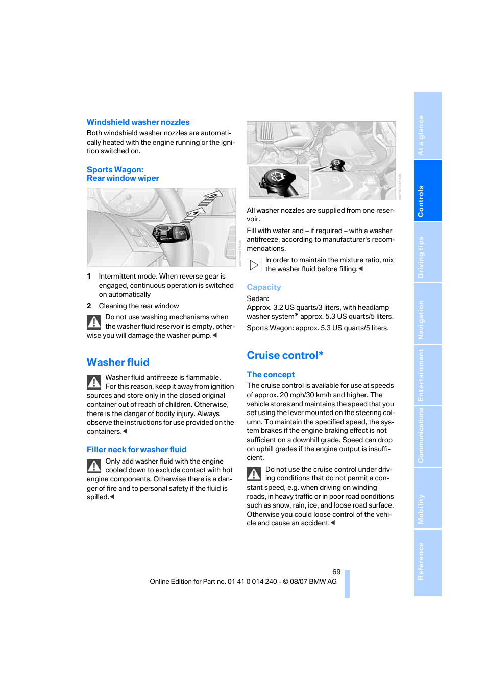 Washer fluid, Cruise control | BMW 550i Sedan 2008 User Manual | Page 71 / 288