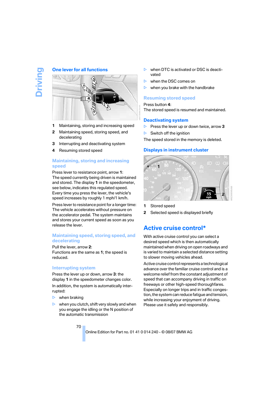 Active cruise control, Driving | BMW 550i Sedan 2008 User Manual | Page 72 / 288