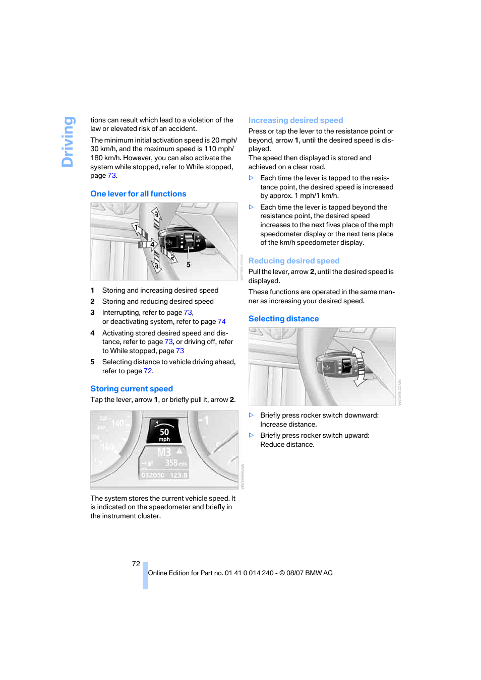 Driving | BMW 550i Sedan 2008 User Manual | Page 74 / 288
