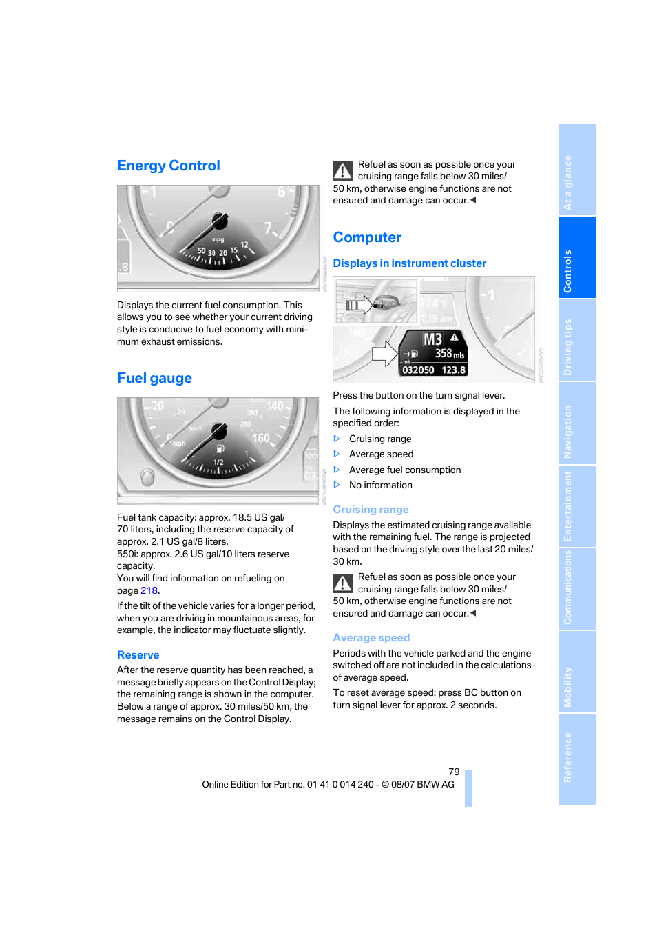 Energy control, Fuel gauge, Computer | BMW 550i Sedan 2008 User Manual | Page 81 / 288