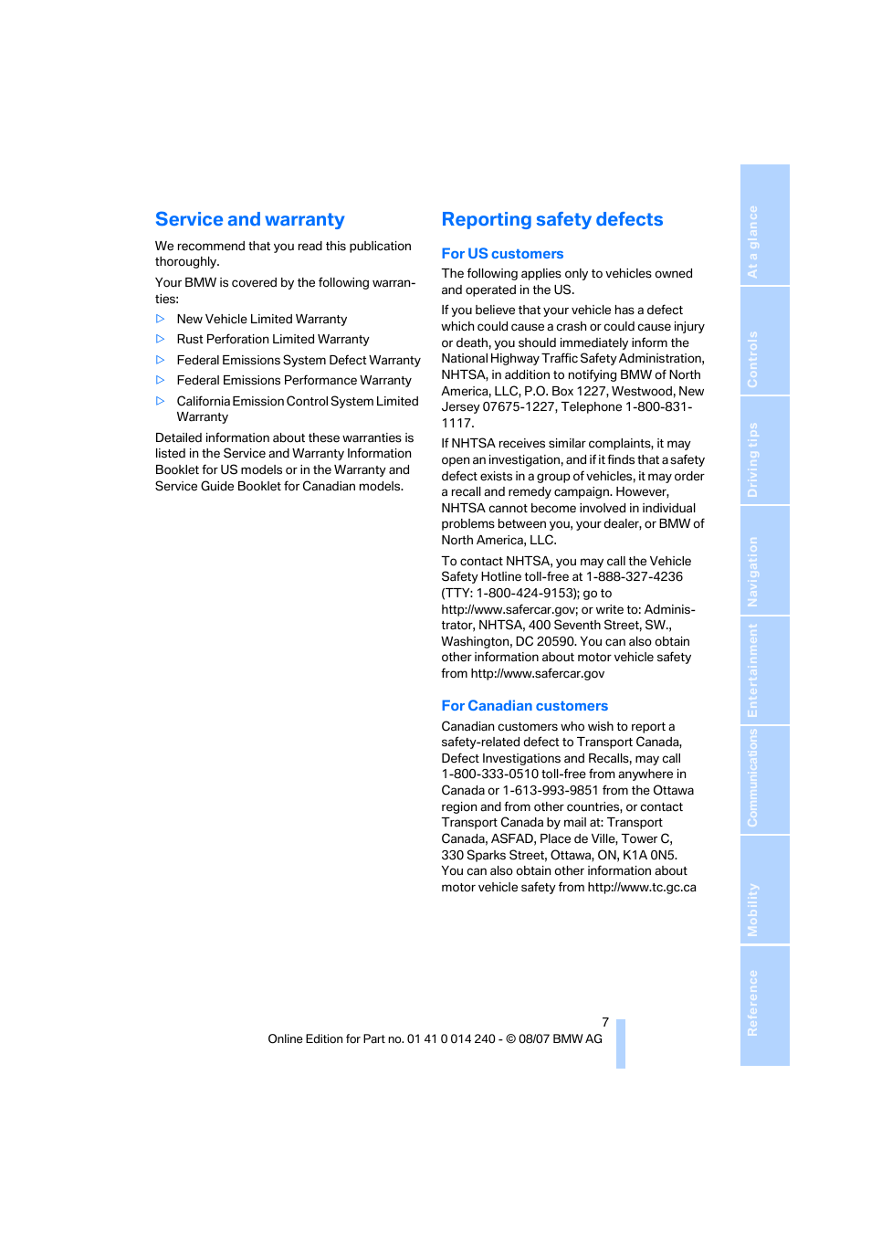 Service and warranty, Reporting safety defects | BMW 550i Sedan 2008 User Manual | Page 9 / 288