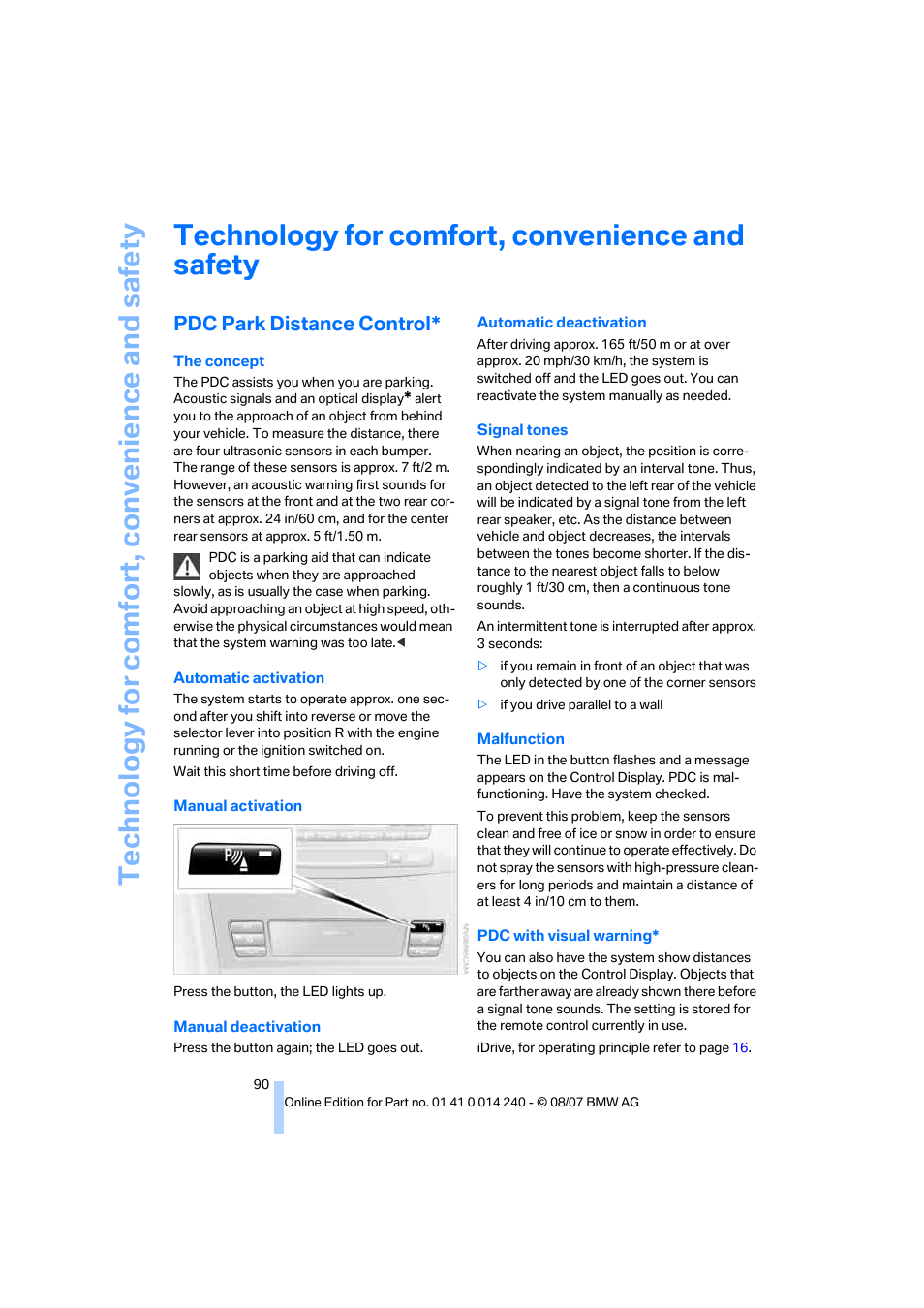 Technology for comfort, convenience and safety, Pdc park distance control | BMW 550i Sedan 2008 User Manual | Page 92 / 288