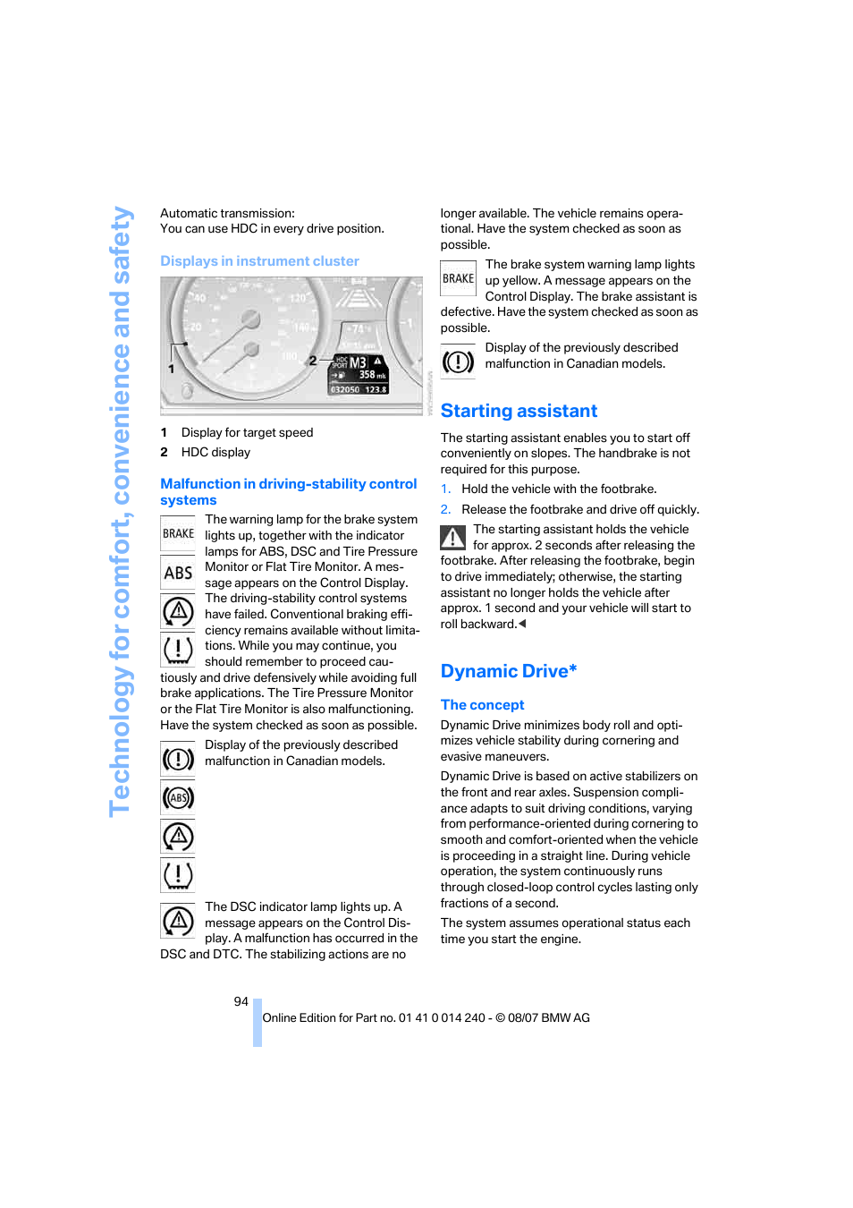 Starting assistant, Dynamic drive | BMW 550i Sedan 2008 User Manual | Page 96 / 288