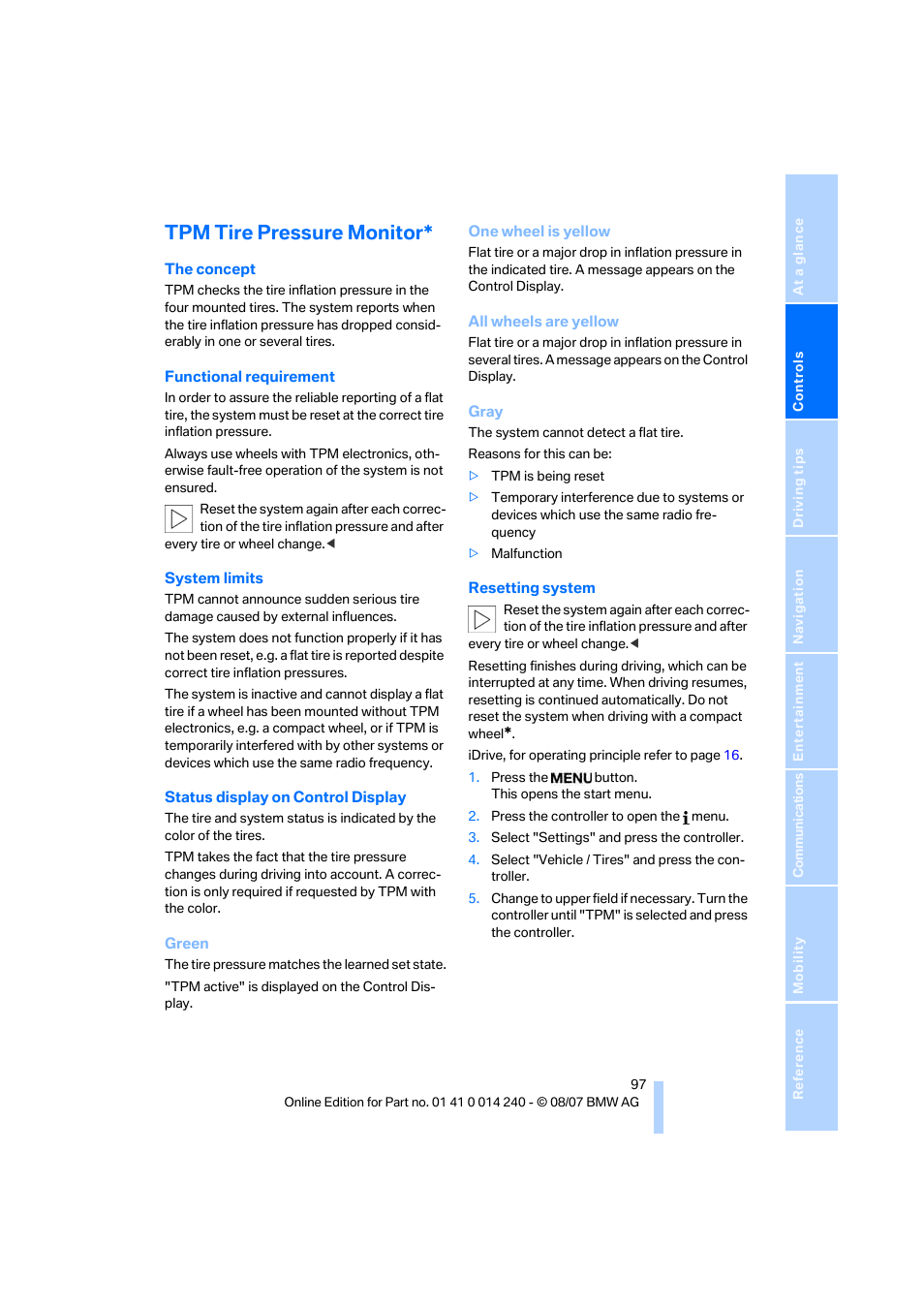 Tpm tire pressure monitor | BMW 550i Sedan 2008 User Manual | Page 99 / 288