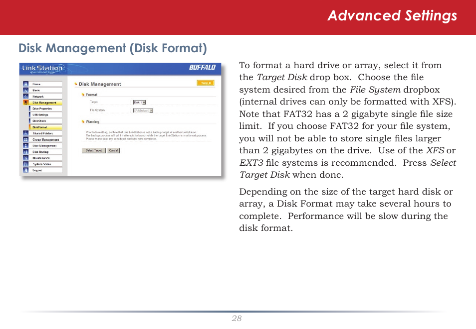Advanced settings, Disk management (disk format) | Buffalo Technology TeraNavigator none User Manual | Page 28 / 58