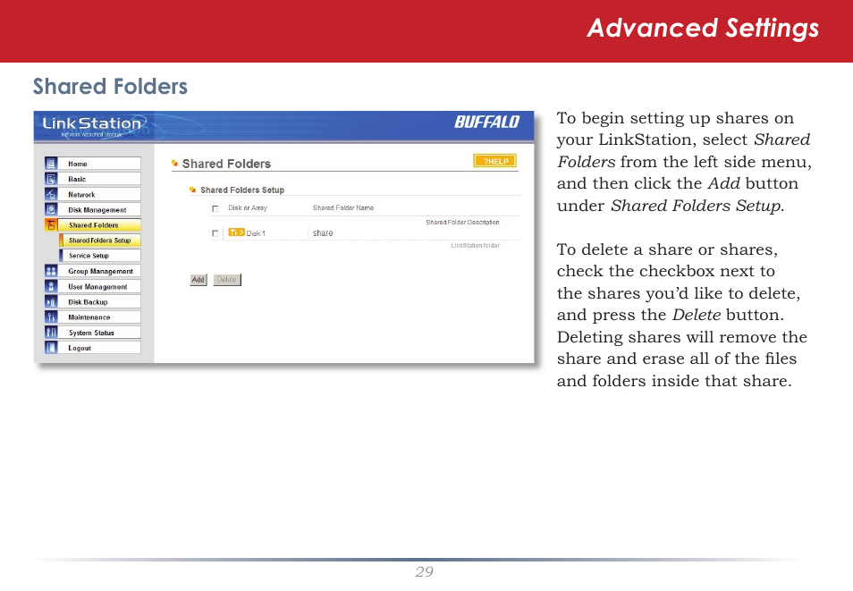 Advanced settings, Shared folders | Buffalo Technology TeraNavigator none User Manual | Page 29 / 58