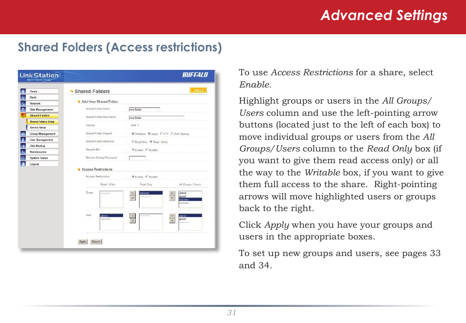 Advanced settings, Shared folders (access restrictions) | Buffalo Technology TeraNavigator none User Manual | Page 31 / 58