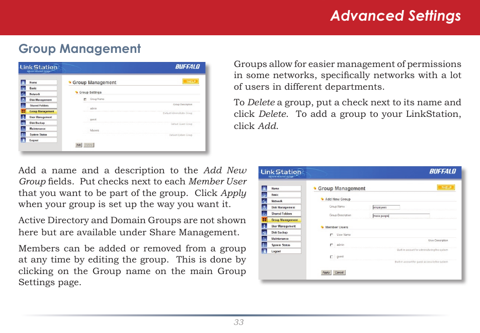 Advanced settings, Group management | Buffalo Technology TeraNavigator none User Manual | Page 33 / 58