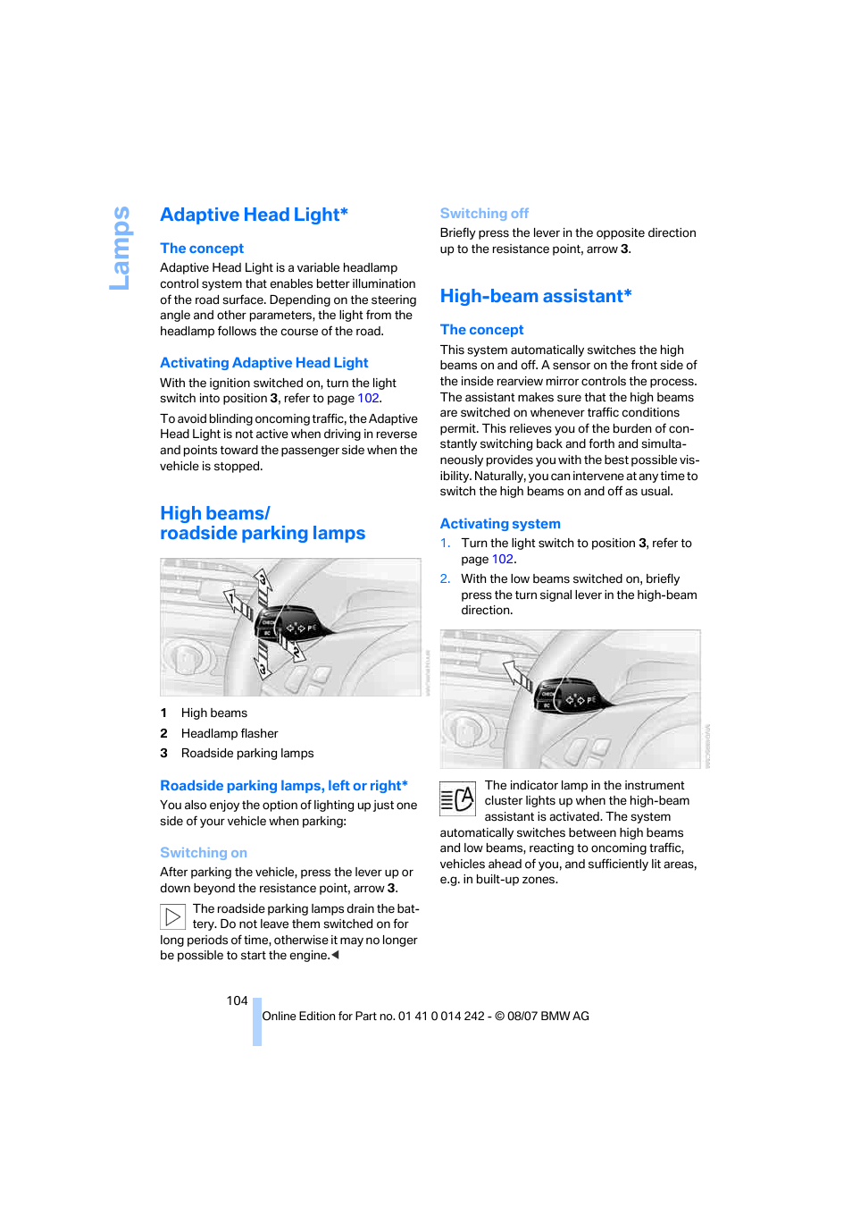 Adaptive head light, High beams/ roadside parking lamps, High-beam assistant | La mp s | BMW 650i Convertible 2008 User Manual | Page 106 / 264