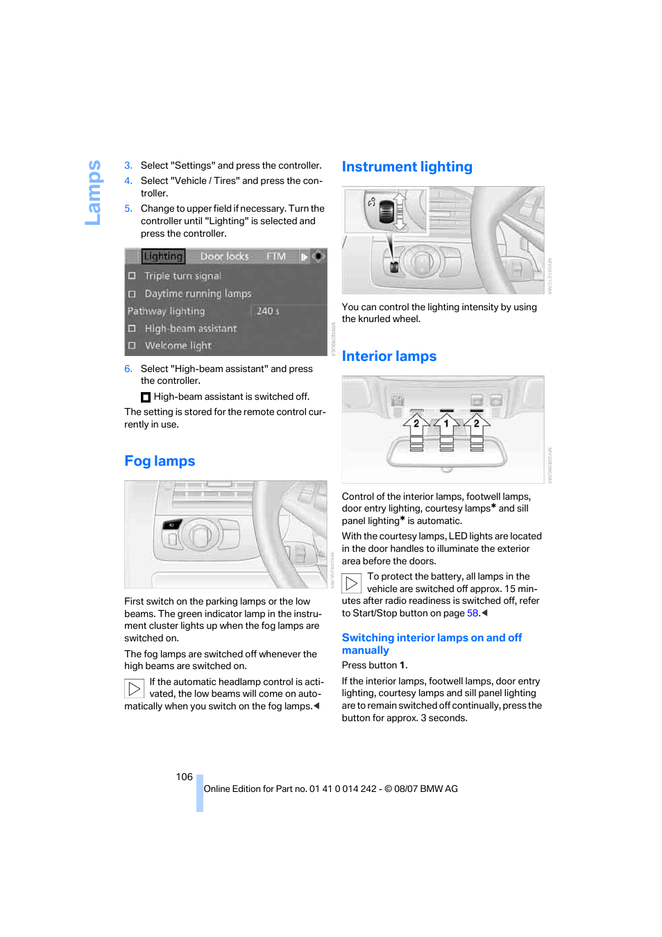 Fog lamps, Instrument lighting, Interior lamps | La mp s | BMW 650i Convertible 2008 User Manual | Page 108 / 264