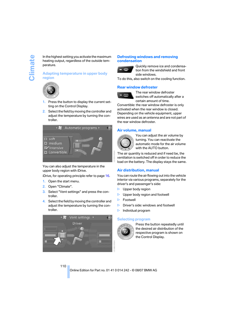 Tion, Climate | BMW 650i Convertible 2008 User Manual | Page 112 / 264