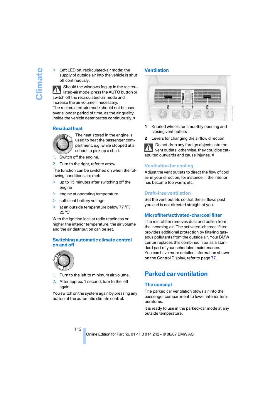 Parked car ventilation, Climate | BMW 650i Convertible 2008 User Manual | Page 114 / 264