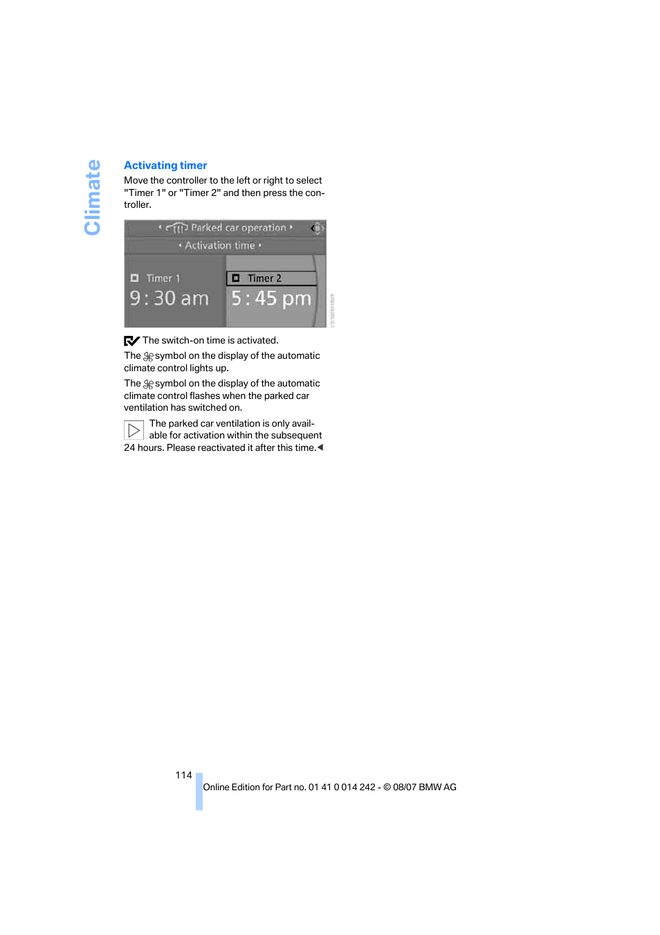 Climate | BMW 650i Convertible 2008 User Manual | Page 116 / 264