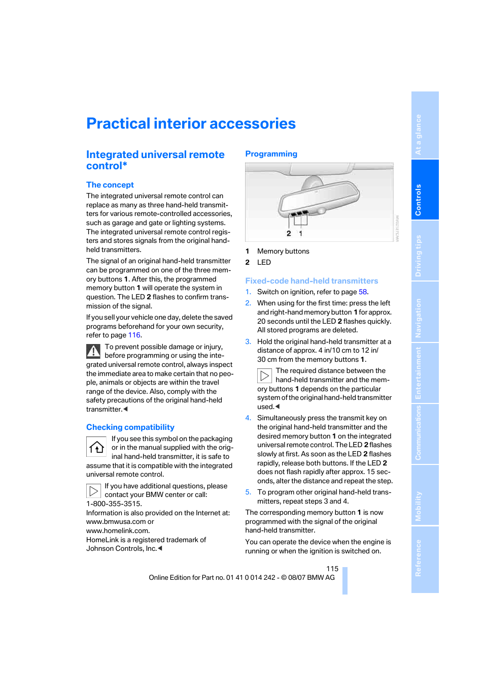 Practical interior accessories, Integrated universal remote control | BMW 650i Convertible 2008 User Manual | Page 117 / 264