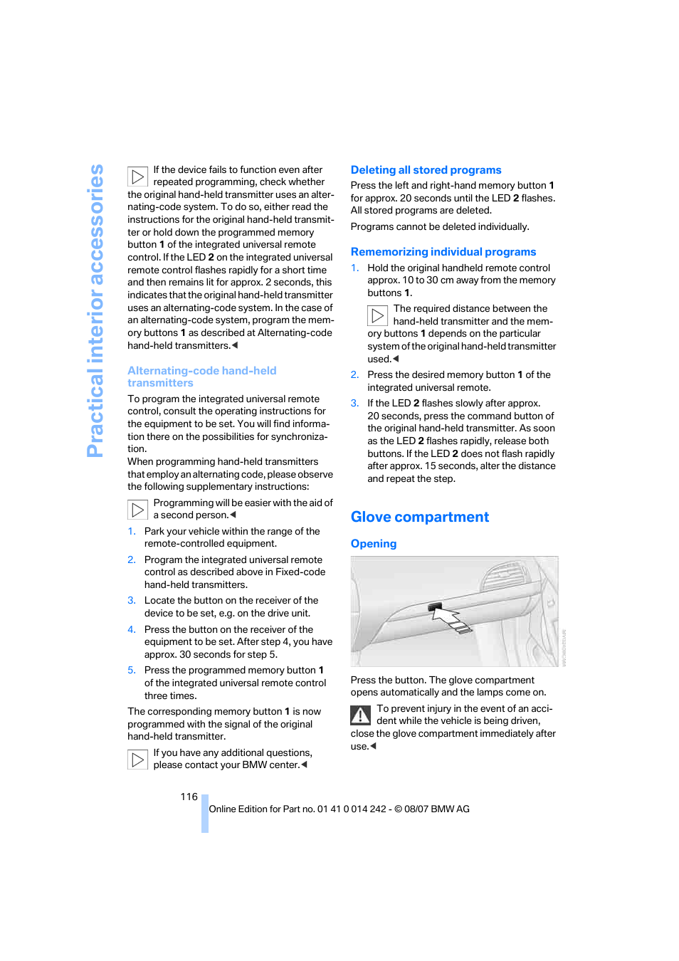 Glove compartment, Practical interi or acc ess orie s | BMW 650i Convertible 2008 User Manual | Page 118 / 264