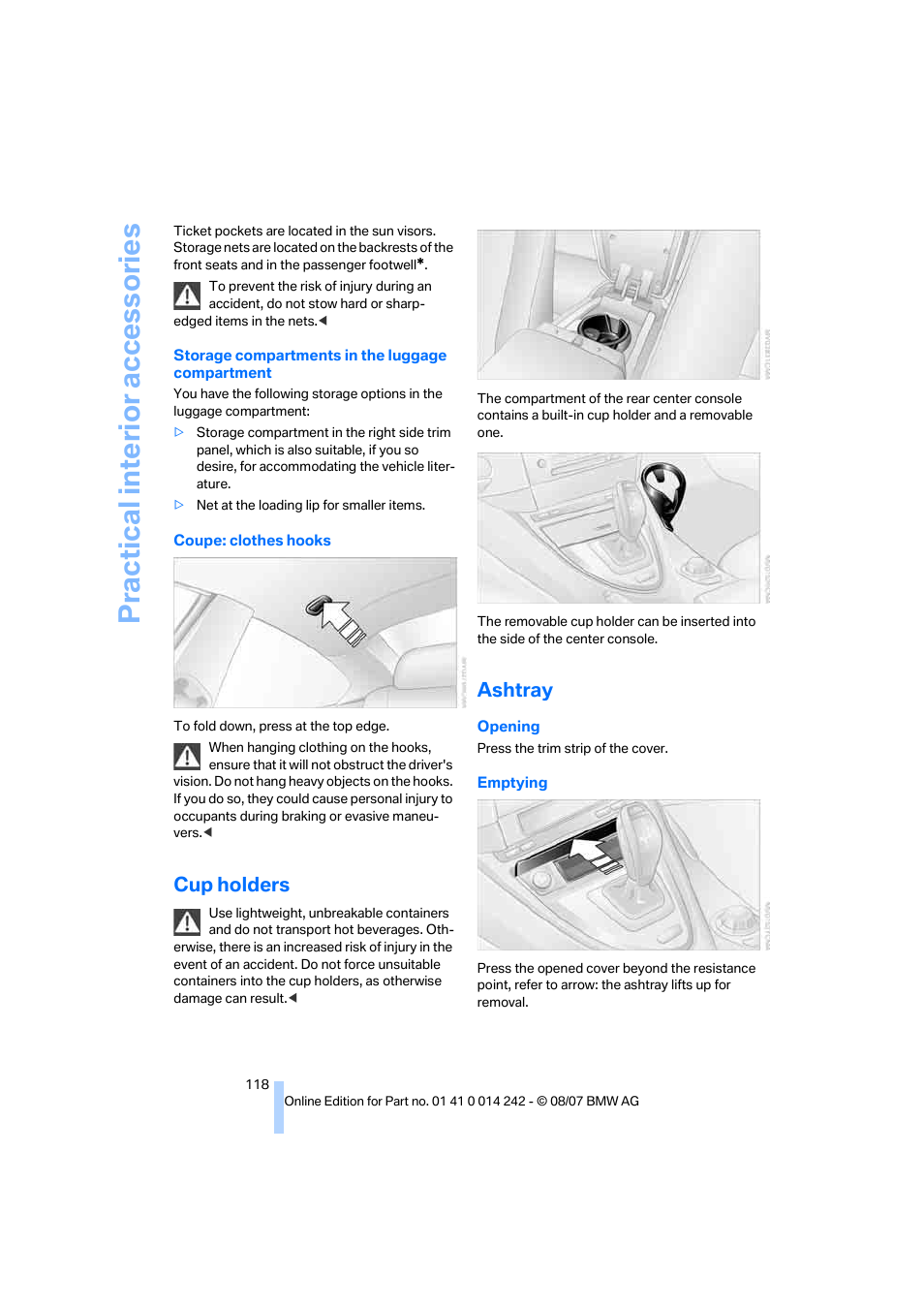 Cup holders, Ashtray, Lder | Practical interi or acc ess orie s | BMW 650i Convertible 2008 User Manual | Page 120 / 264