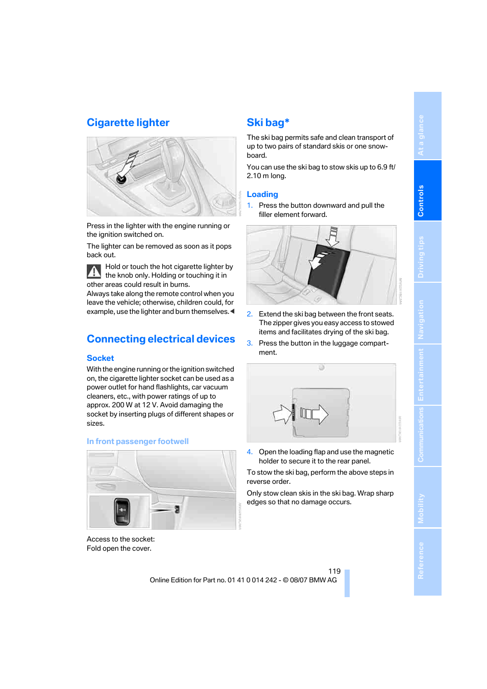 Cigarette lighter, Connecting electrical devices, Ski bag | BMW 650i Convertible 2008 User Manual | Page 121 / 264