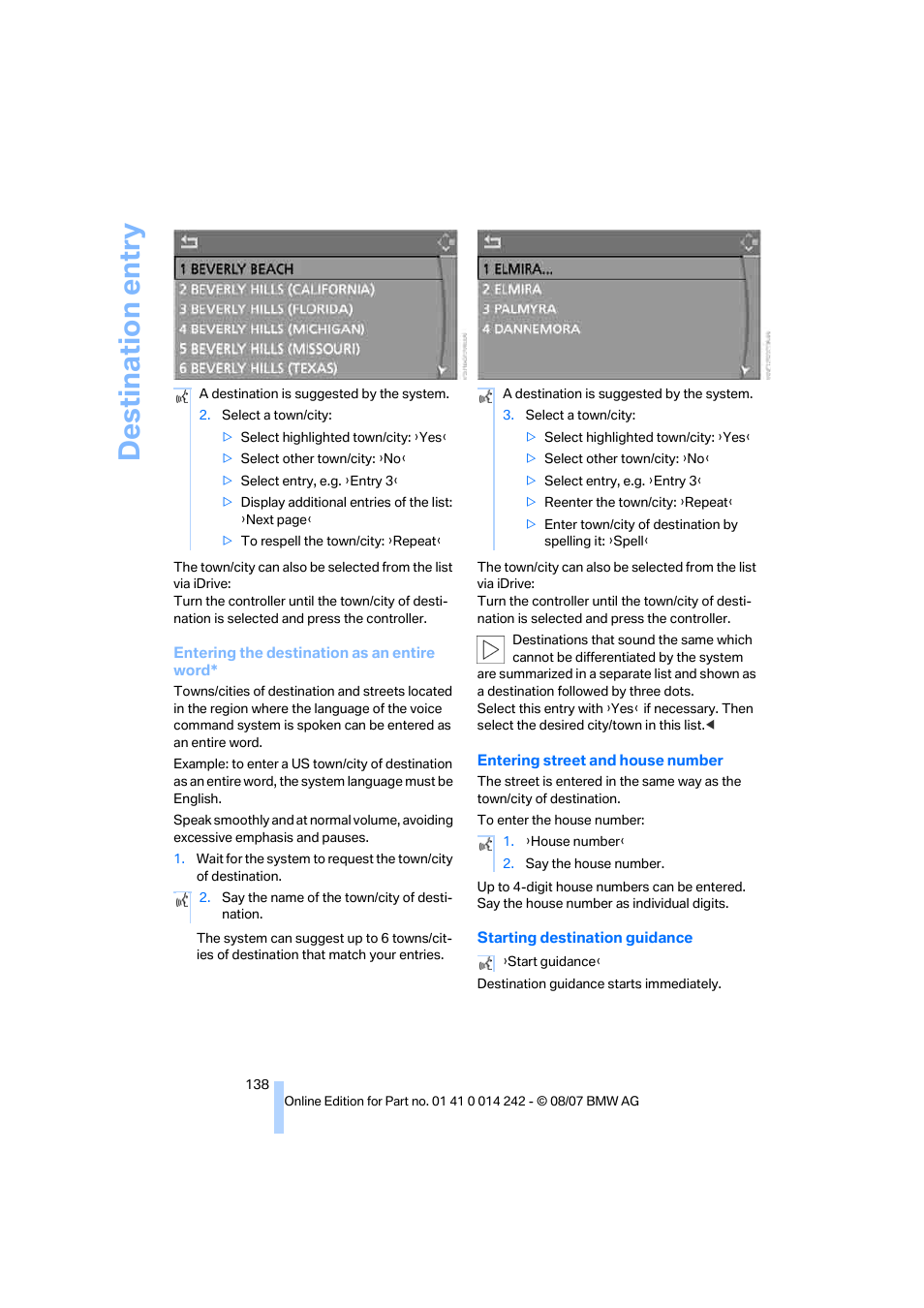 Destination entry | BMW 650i Convertible 2008 User Manual | Page 140 / 264