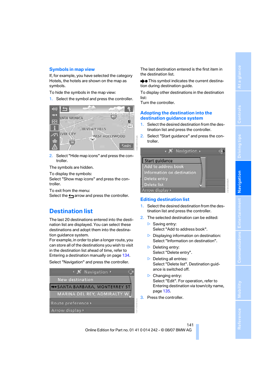 Destination list | BMW 650i Convertible 2008 User Manual | Page 143 / 264