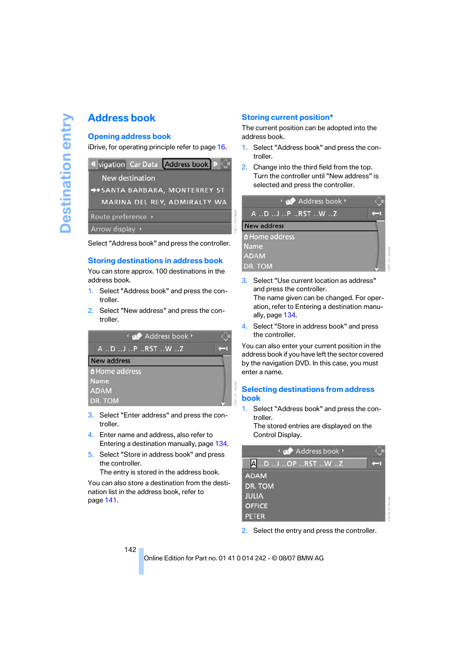 Address book, Destination entry | BMW 650i Convertible 2008 User Manual | Page 144 / 264