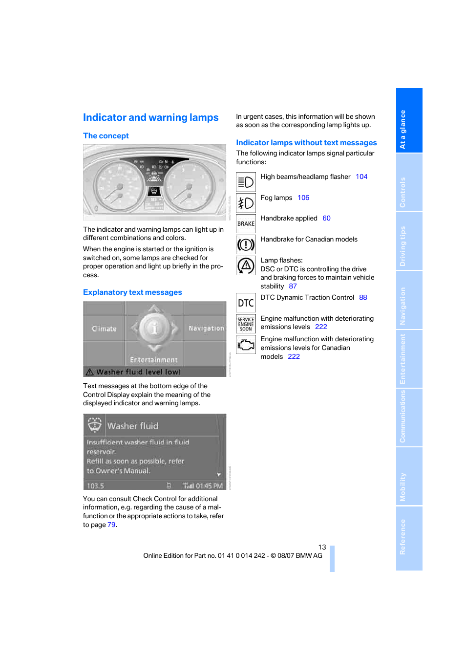 Indicator and warning lamps | BMW 650i Convertible 2008 User Manual | Page 15 / 264