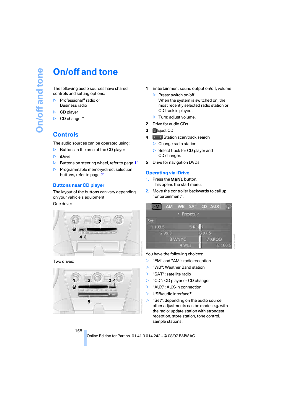 On/off and tone, Controls | BMW 650i Convertible 2008 User Manual | Page 160 / 264