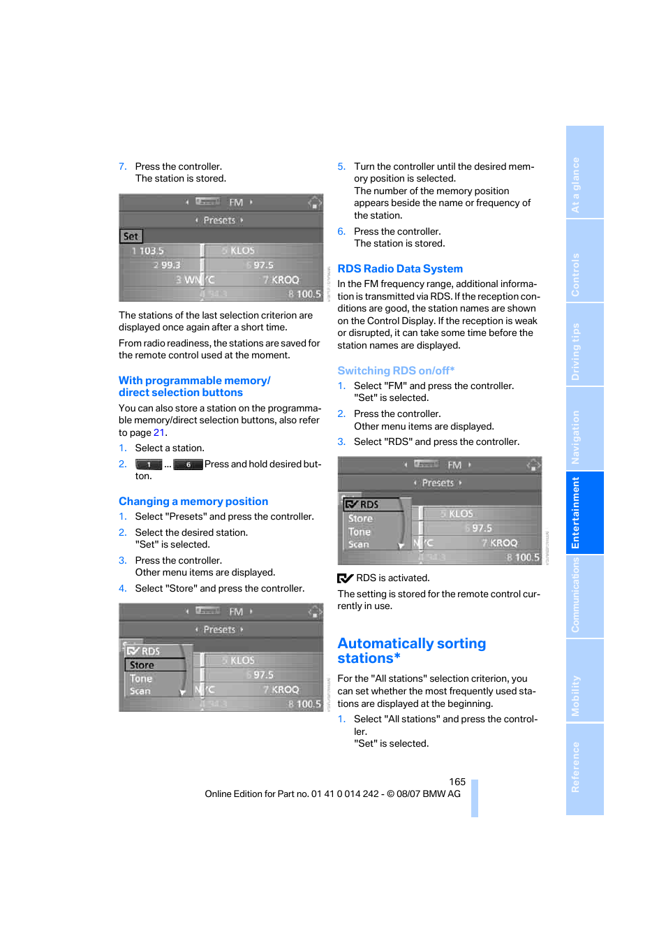 Automatically sorting stations | BMW 650i Convertible 2008 User Manual | Page 167 / 264